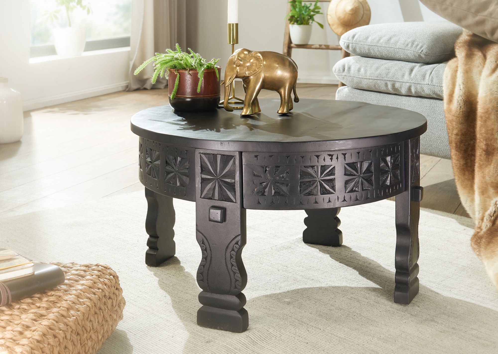 Couchtisch Adaldalur Mango Massivholz Schwarz Ø 60 cm