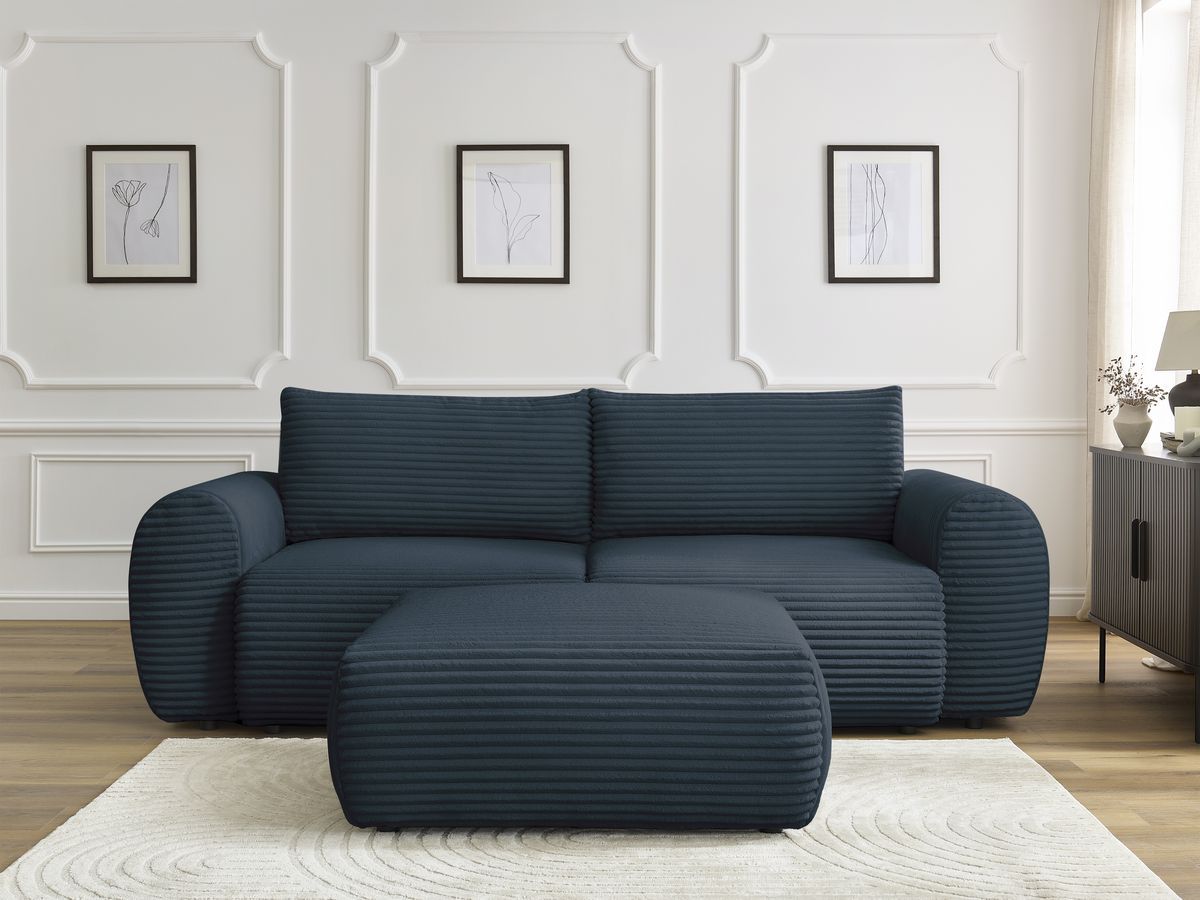 Bobochic Lucien Schlafsofa 4-Sitzer mit Bettkasten und Pouf Breitcord weich Dunkelblau