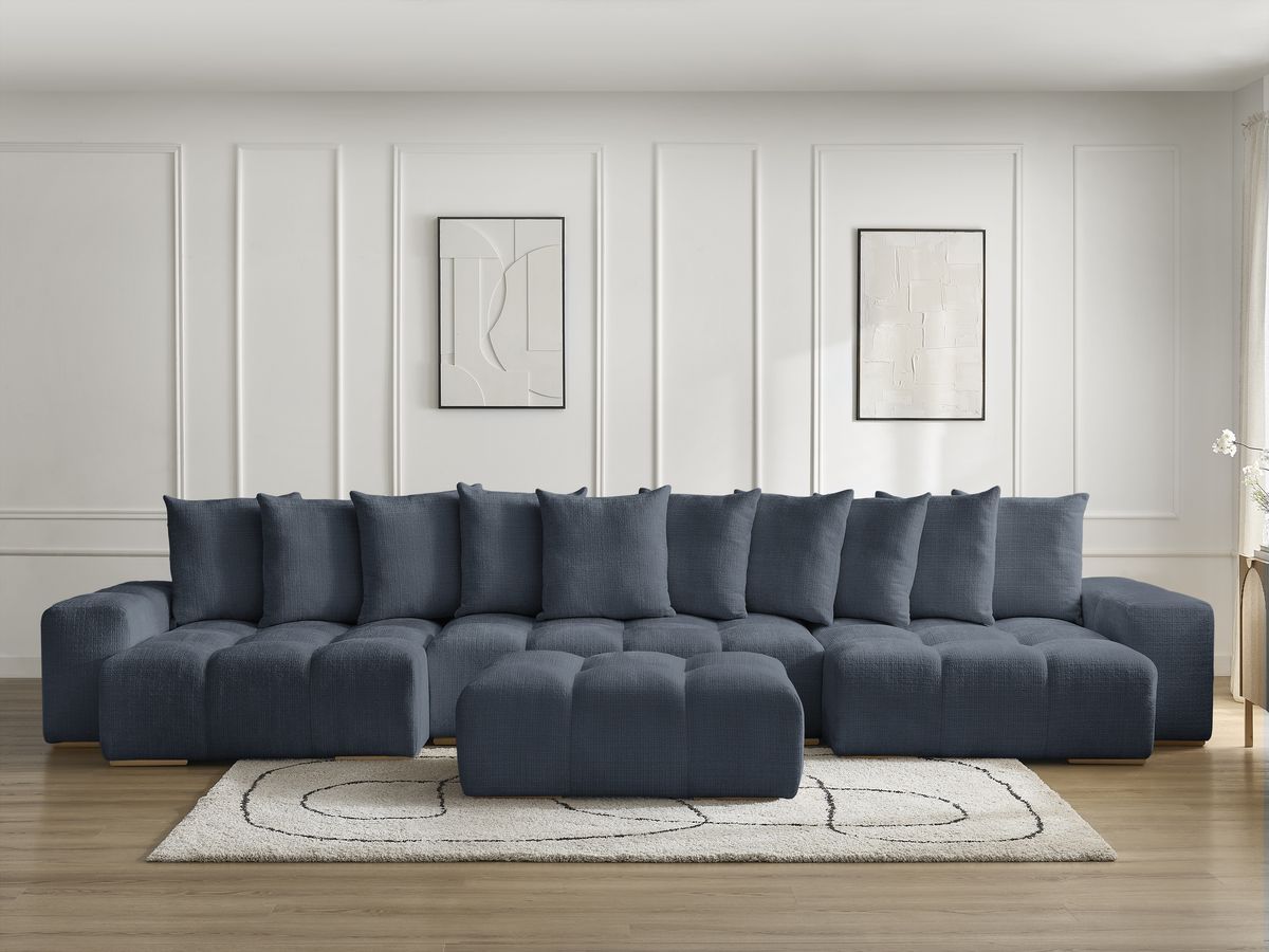 Bobochic Anakin Wohnlandschaft mit Pouf, Liegefläche 137 × 382 cm, 10 Kissen Strukturstoff Dunkelblau