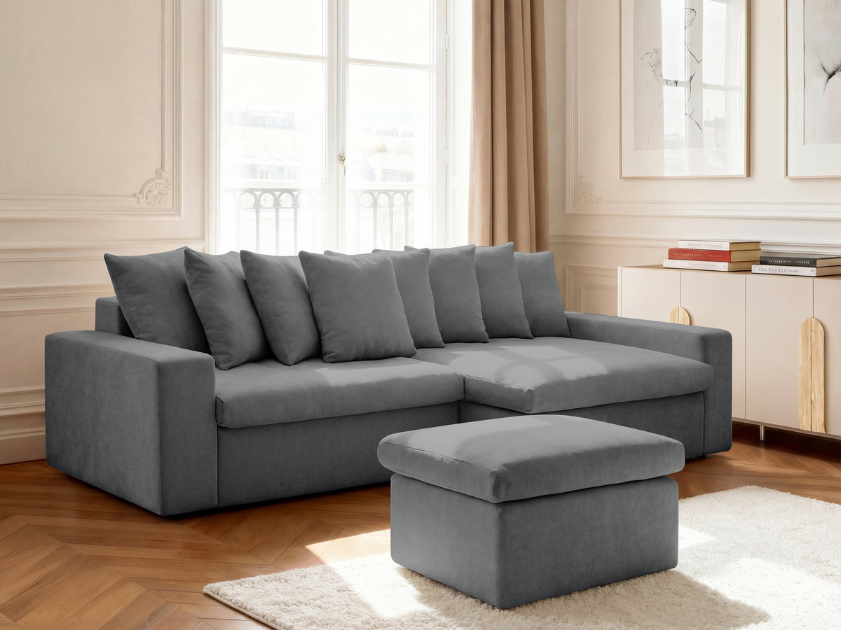 Bobochic Enore Ecksofa mit Pouf Stoff Dunkelgrau Ecke rechts