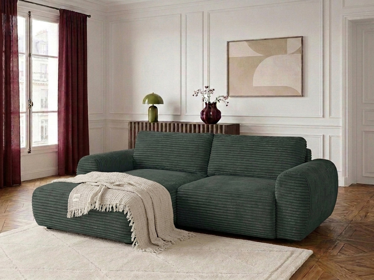 Bobochic Lucien Ecksofa mit Schlaffunktion und Bettkasten Breitcord weich Grün Ecke links