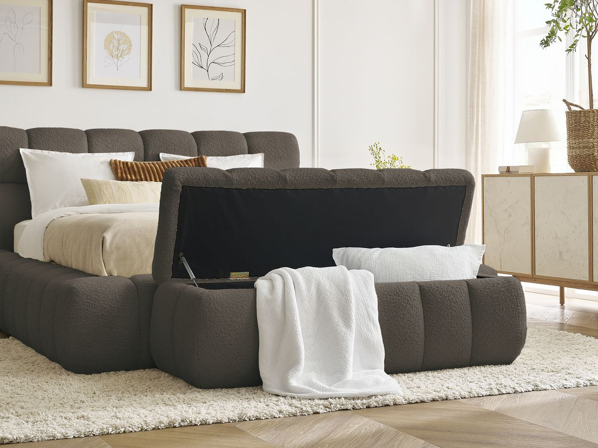 Bobochic Mont-blanc Polsterbett mit Bettkasten mit Bettbank Bouclé-Stoff Braun, Liegefläche 140 × 190 cm