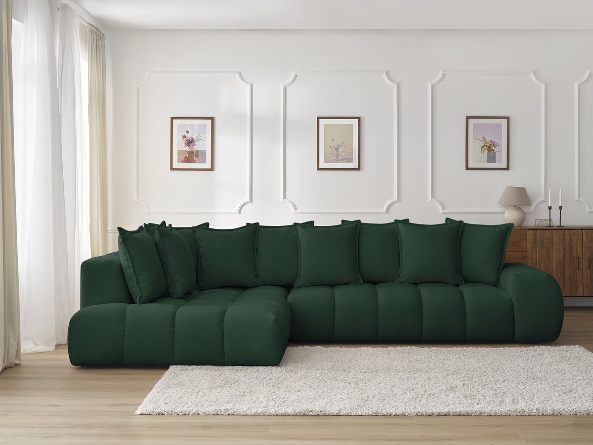 Bobochic Everest Ecksofa, 10 Kissen Strukturstoff Grün Ecke links