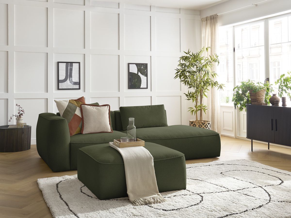 Bobochic Leopold Sofa 4-Sitzer mit Pouf Melange-Stoff Dunkelgrün Armlehne links