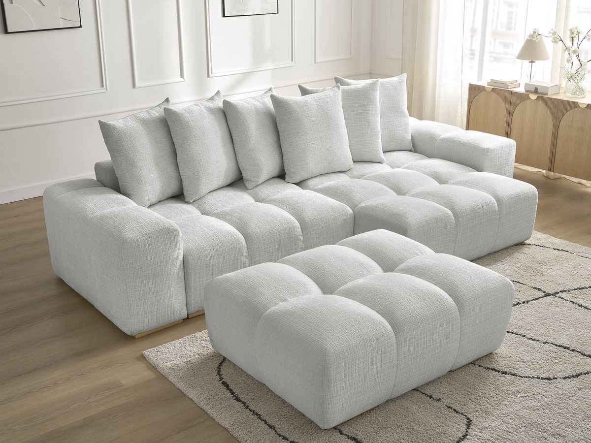 Bobochic Anakin Ecksofa mit Pouf, 6 Kissen Strukturstoff Hellgrau