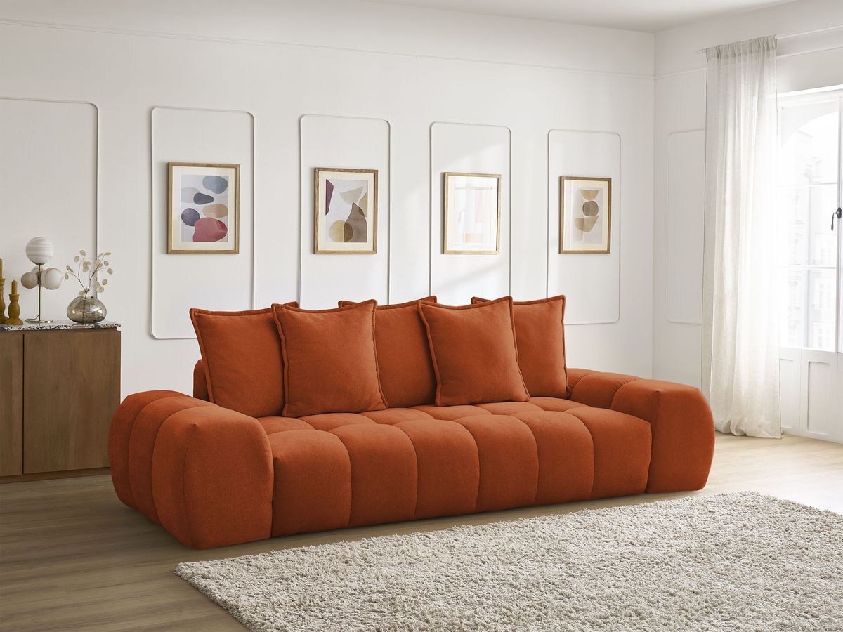 Bobochic Everest Schlafsofa 3-Sitzer mit Bettkasten, 5 Kissen Strukturstoff Orange