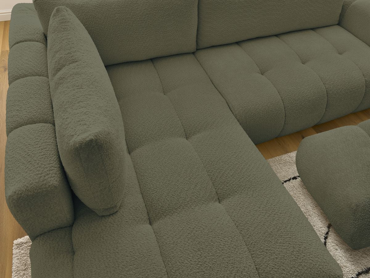 Bobochic Fuji Ecksofa mit Schlaffunktion und Bettkasten und Pouf 282 × 204 cm Bouclé-Stoff Grün Ecke links