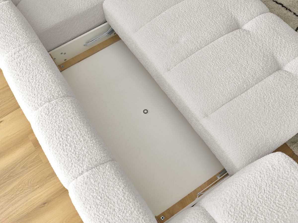 Bobochic Fuji Ecksofa mit Schlaffunktion und Bettkasten und Pouf 282 × 204 cm Bouclé-Stoff Weiß Ecke rechts