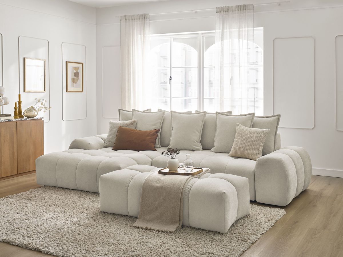 Bobochic Everest Ecksofa mit Schlaffunktion und Bettkasten und Pouf 318 × 180 cm, 7 Kissen Strukturstoff Beige Ecke links