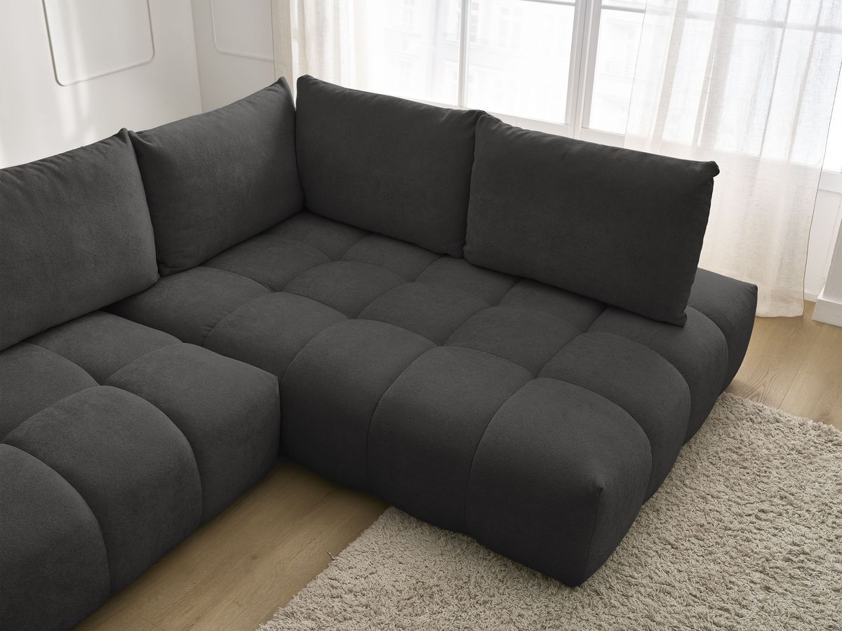Bobochic Everest Ecksofa mit Schlaffunktion und Bettkasten 320 × 212 cm, 5 Kissen Strukturstoff Schwarz Ecke rechts
