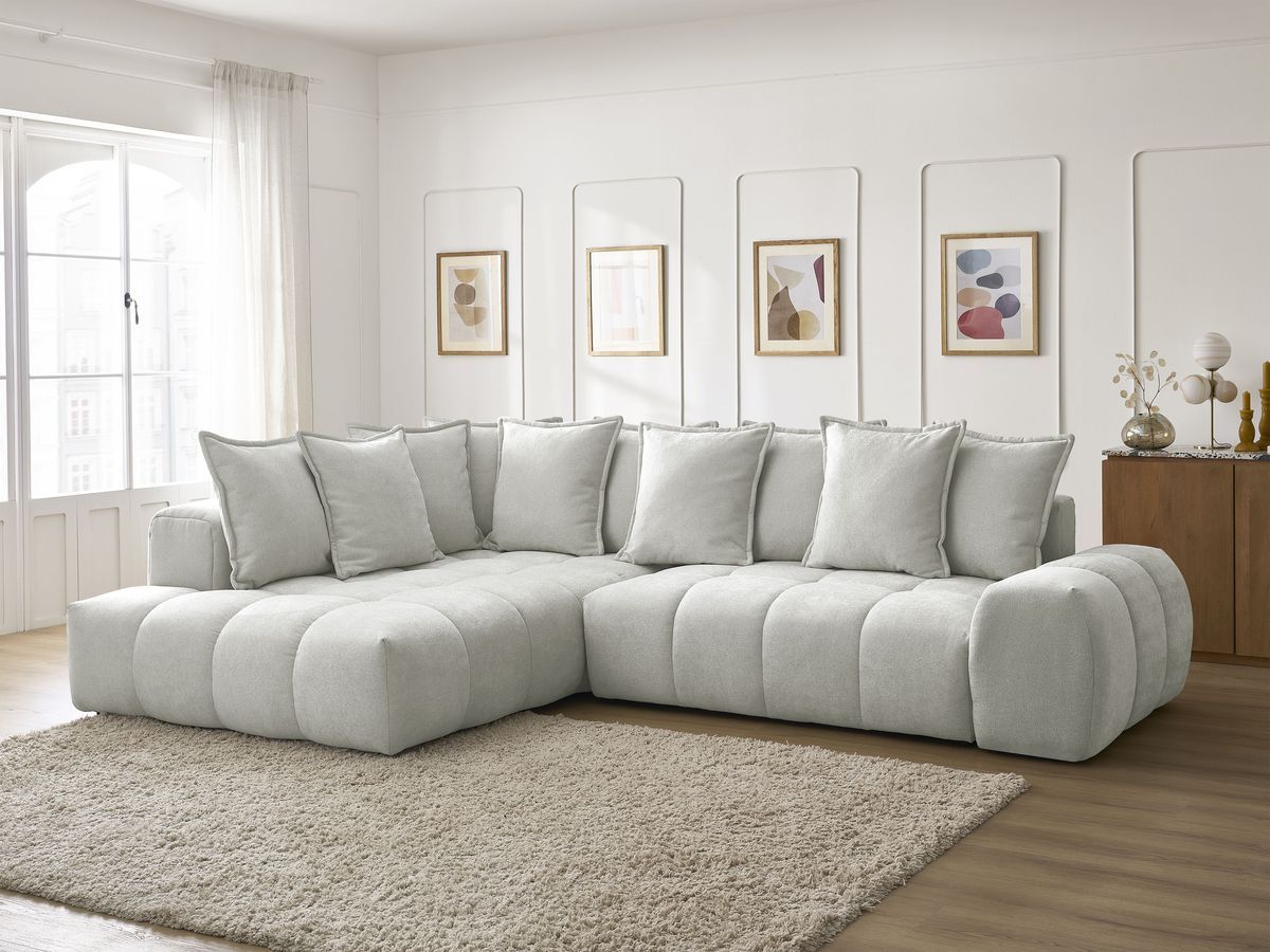 Bobochic Everest Ecksofa mit Schlaffunktion und Bettkasten 320 × 212 cm, 10 Kissen Strukturstoff Hellgrau Ecke links