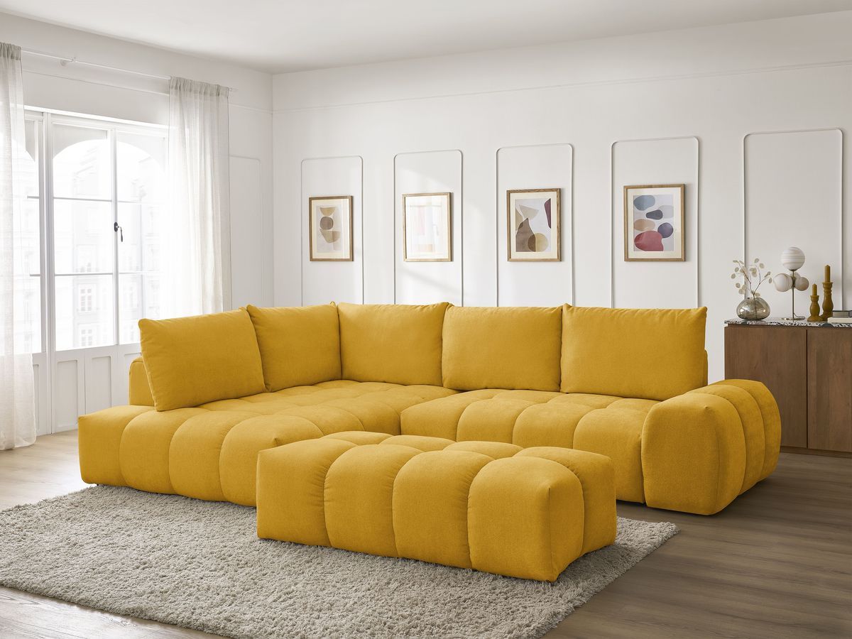 Bobochic Everest Ecksofa mit Schlaffunktion und Bettkasten und Pouf 320 × 212 cm, 5 Kissen Strukturstoff Gelb Ecke links