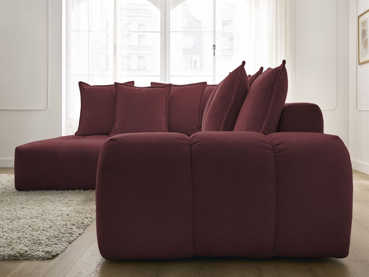Bobochic Everest Ecksofa mit Schlaffunktion und Bettkasten 320 × 212 cm, 10 Kissen Melange-Stoff Rot Ecke links