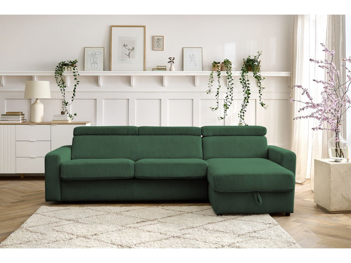 Bobochic Monaco Ecksofa mit Schlaffunktion und Bettkasten Cordsamt Grün, Liegefläche 160 × 190 cm