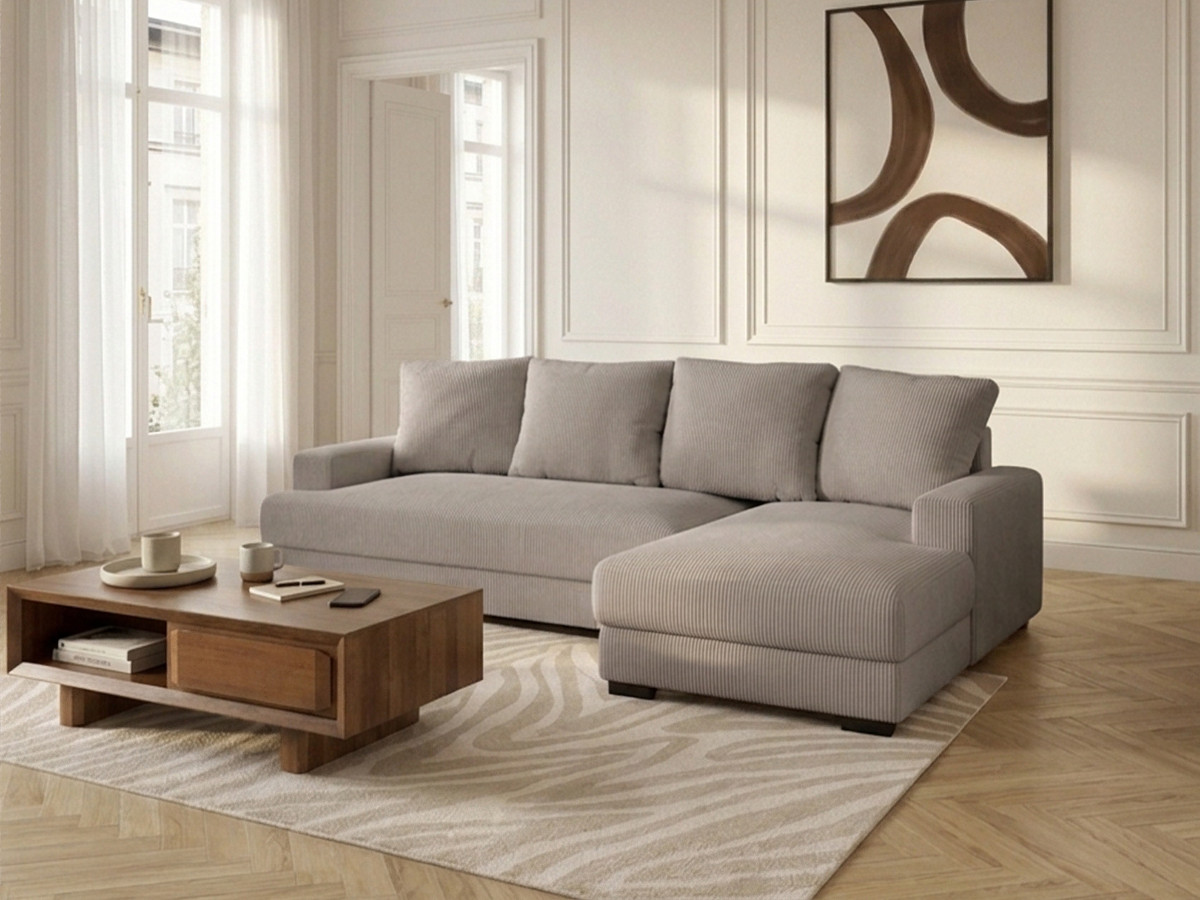 Bobochic Campi Ecksofa mit Schlaffunktion und Bettkasten Cordsamt Taupe Ecke rechts