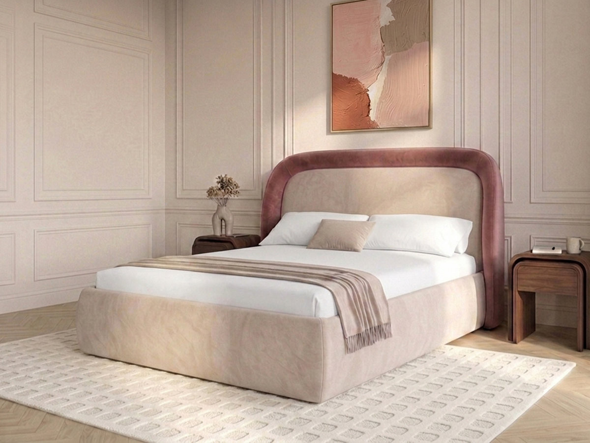 Bobochic Sam Polsterbett mit Bettkasten Samt Rosa, Liegefläche 140 × 190 cm