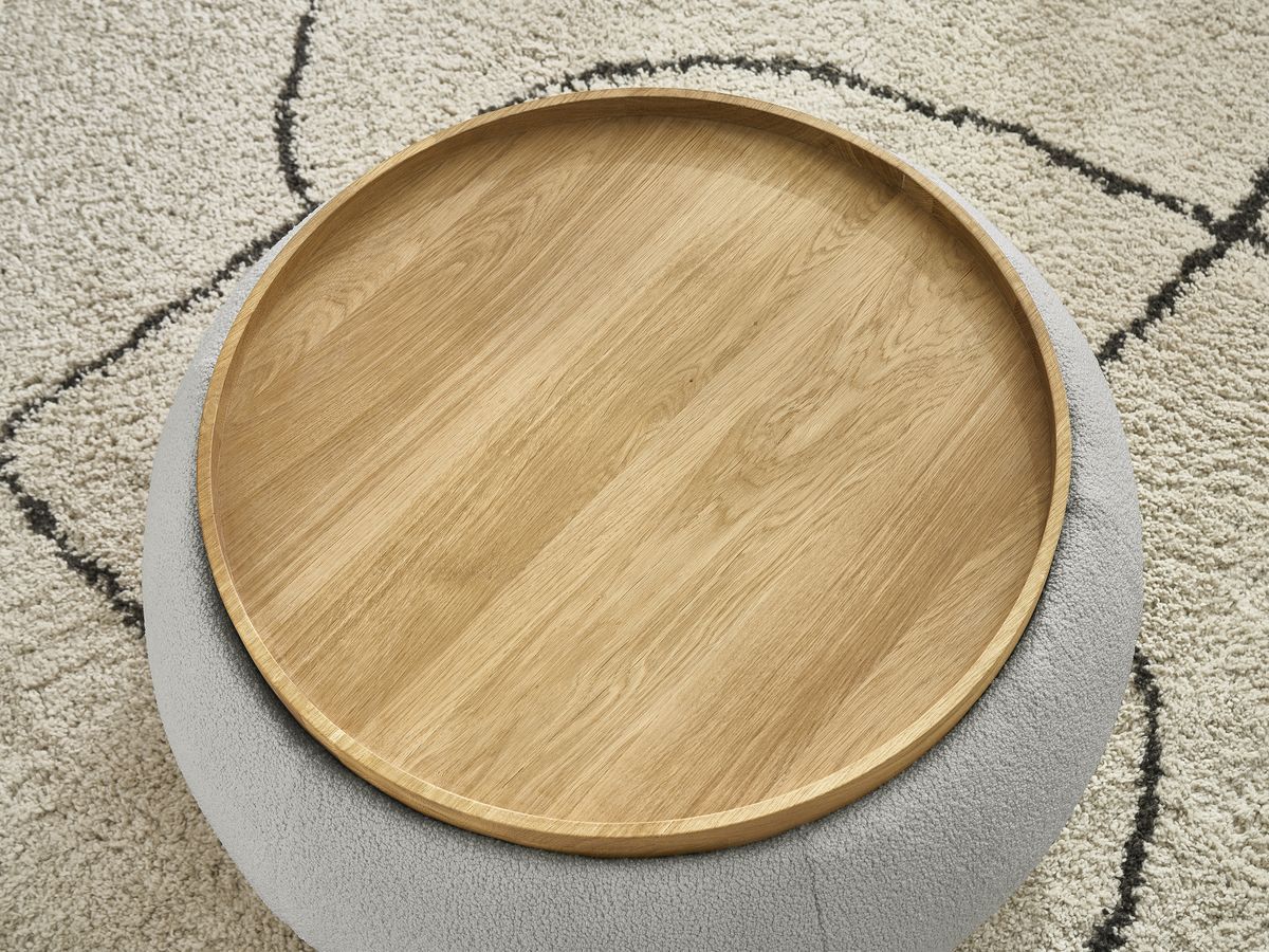 Bobochic Hayden Pouf mit Tablett, rund Bouclé-Stoff Hellgrau, 77 cm