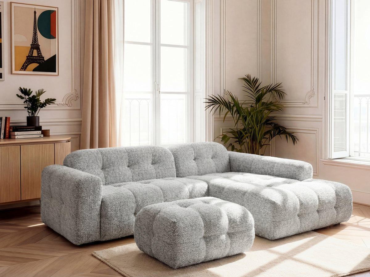 Bobochic Laura Ecksofa mit kleinem Pouf Melange-Stoff Hellgrau Ecke rechts