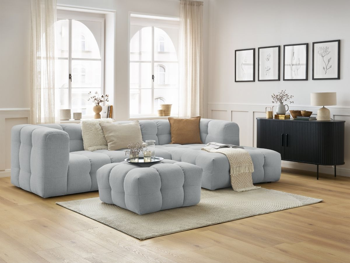 Bobochic Cloud Ecksofa mit Pouf 288 × 184 cm Stoff Hellgrau Ecke rechts