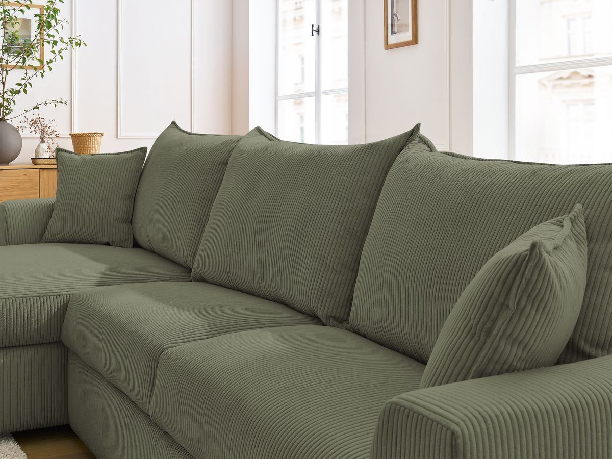 Bobochic Augustin Ecksofa mit Schlaffunktion und Bettkasten Cordsamt Hellgrün, Liegefläche 160 × 200 cm