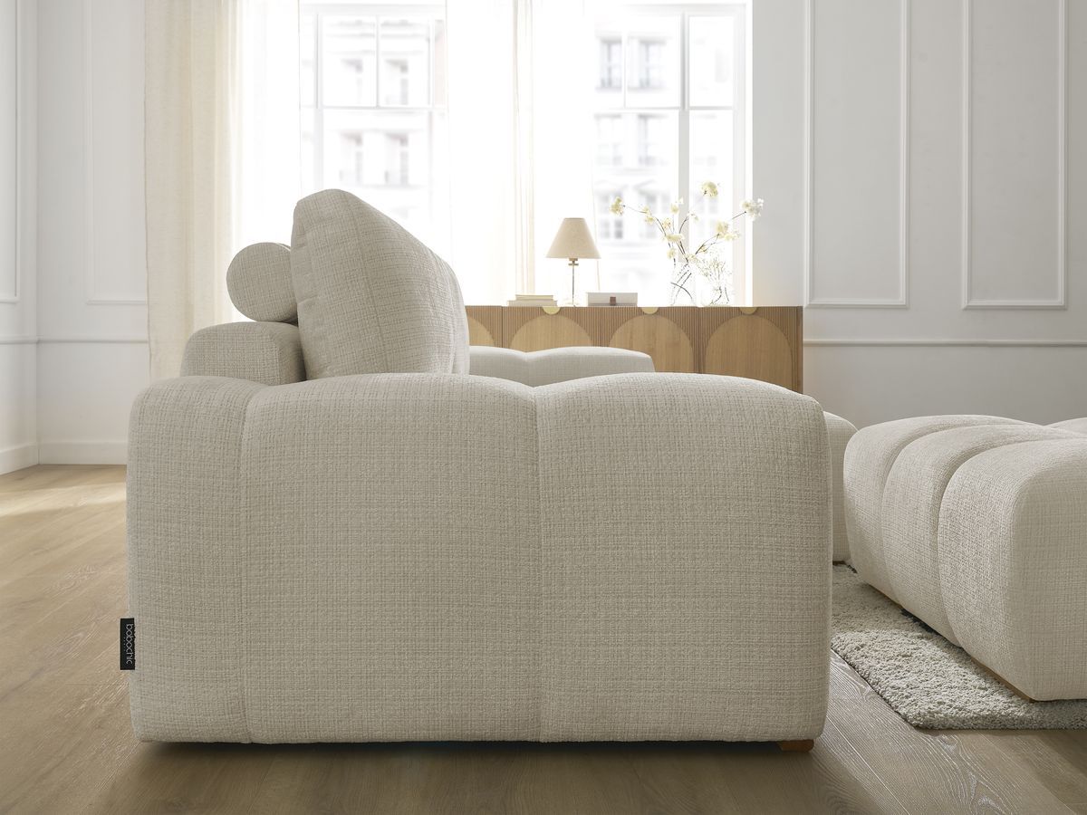 Bobochic Anakin Ecksofa mit Schlaffunktion und Bettkasten und Pouf, 2 Kissen Strukturstoff Beige