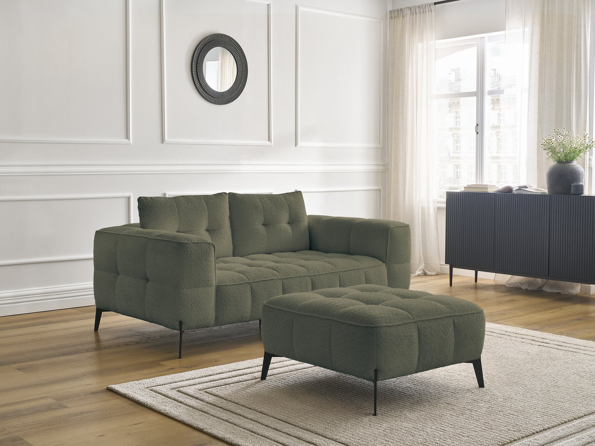 Bobochic Anis Sofa 2-Sitzer mit Pouf Bouclé-Stoff Grün