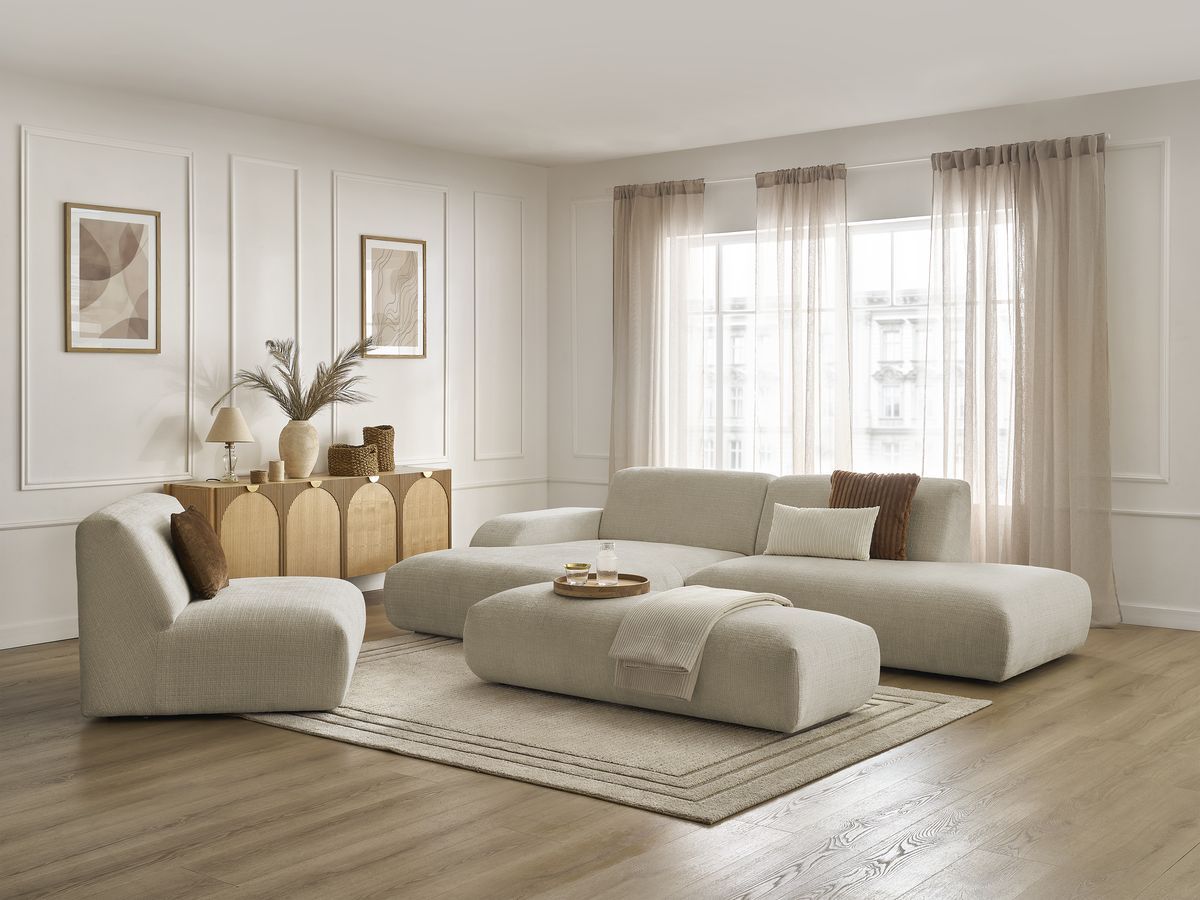 Bobochic Sirius Ecksofa mit Pouf 405 × 170 cm Strukturstoff Beige Ecke links