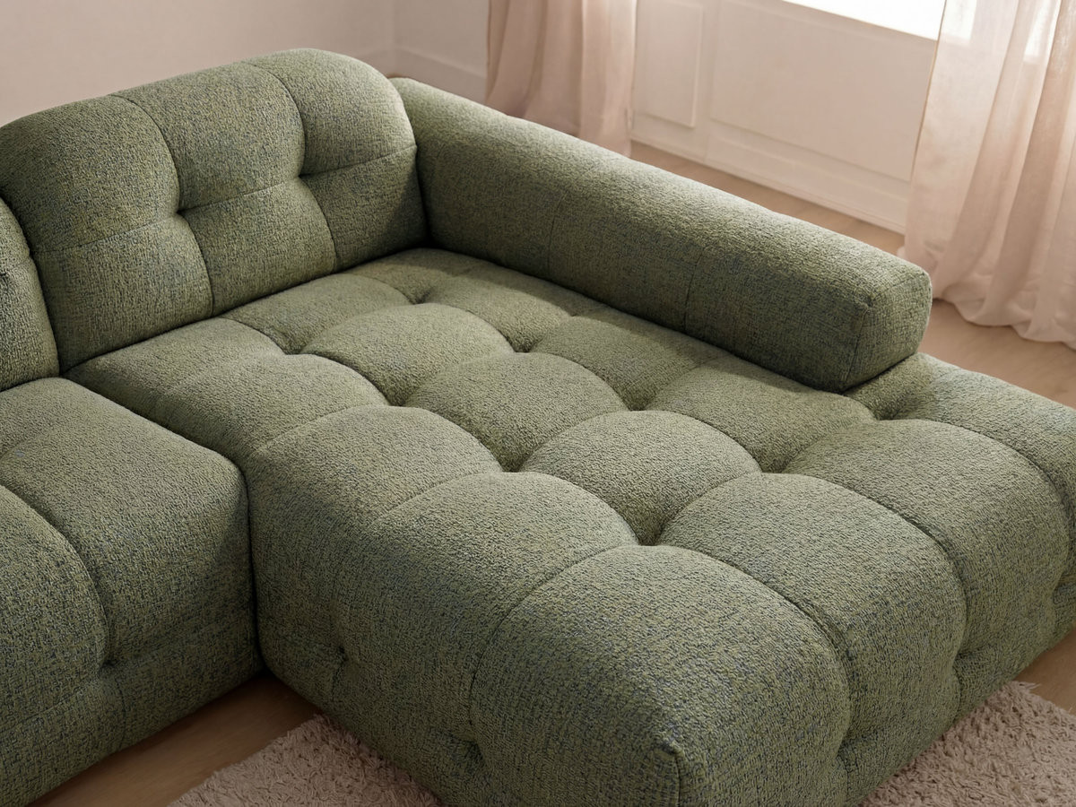 Bobochic Laura Ecksofa mit großem Pouf Melange-Stoff Hellgrün Ecke rechts