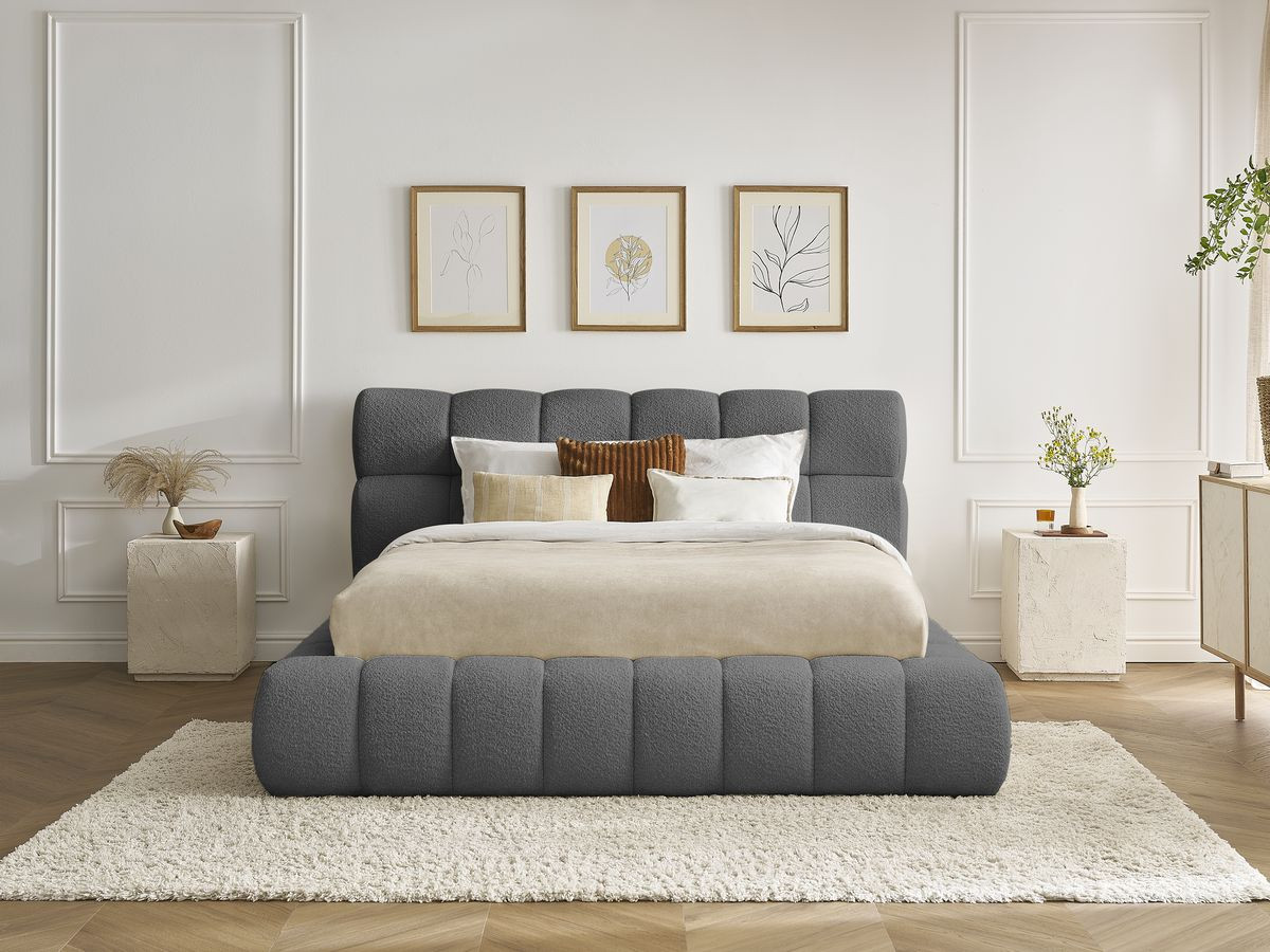 Bobochic Mont-blanc Polsterbett mit Bettkasten Bouclé-Stoff Dunkelgrau, Liegefläche 140 × 190 cm
