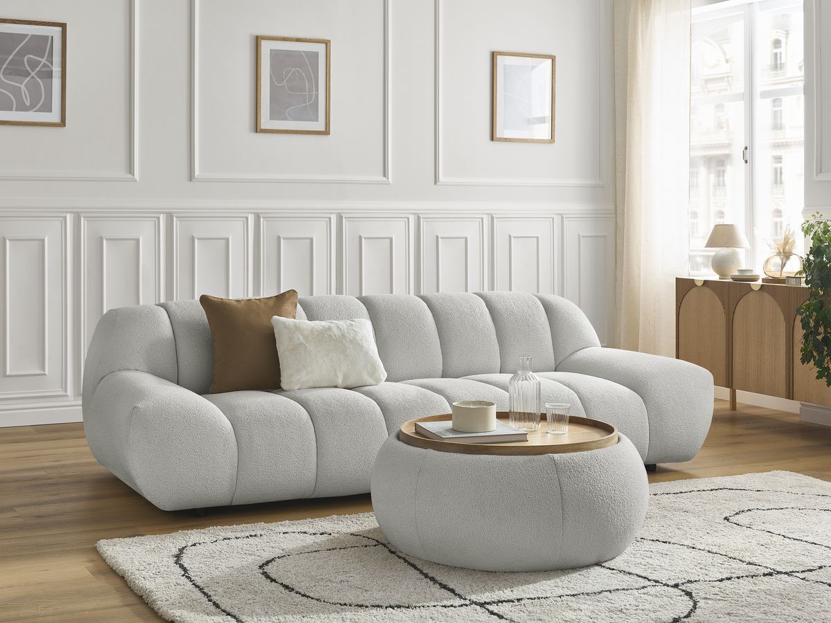 Bobochic Hayden Sofa 3-Sitzer mit Pouf 256 × 107 cm Bouclé-Stoff Hellgrau