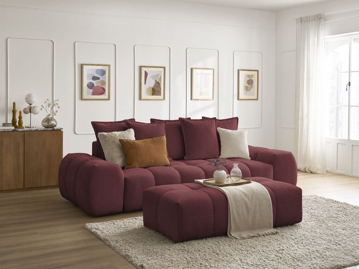 Bobochic Everest Sofa 3-Sitzer mit Pouf, 5 Kissen Melange-Stoff Rot
