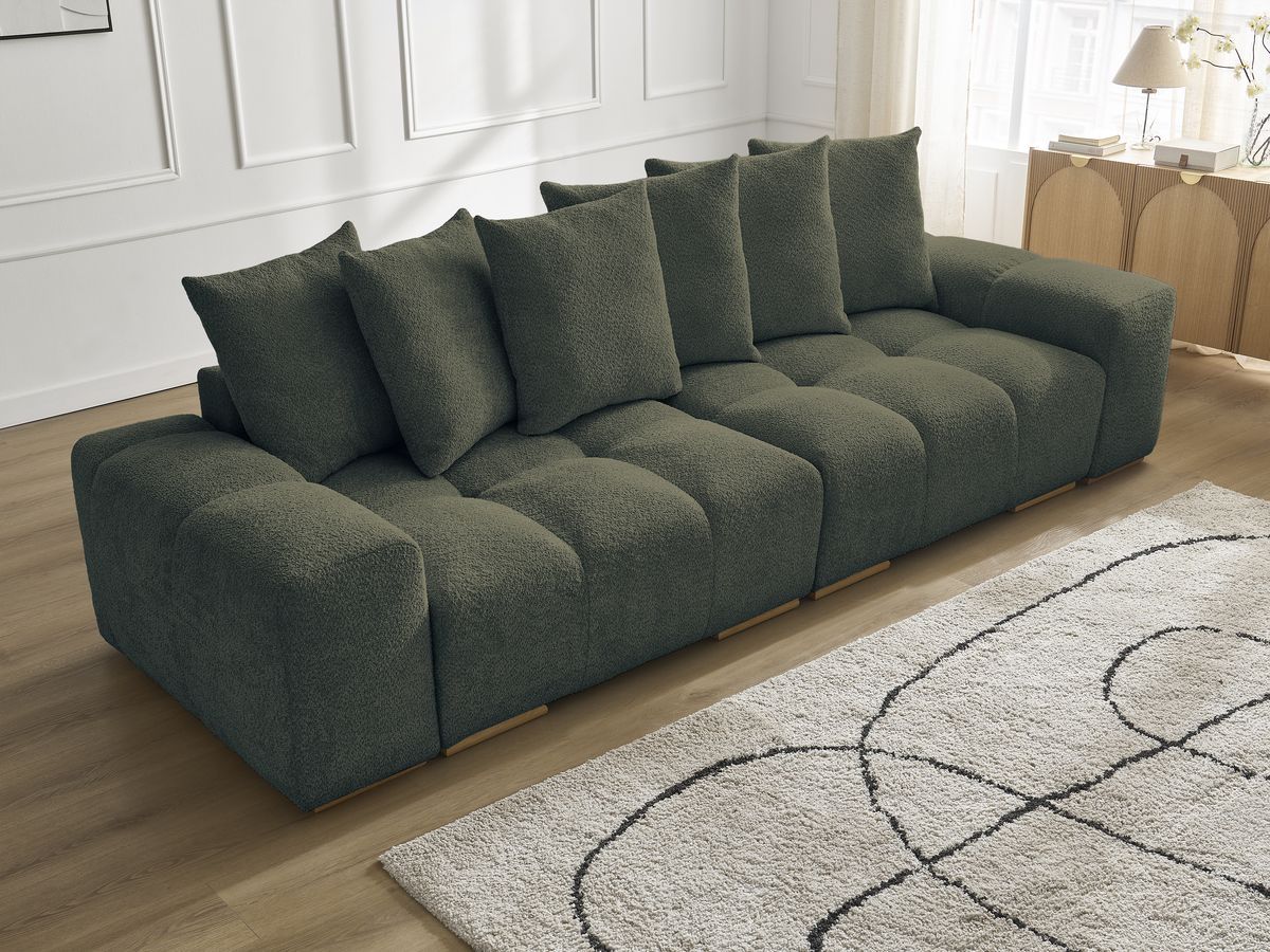 Bobochic Anakin Sofa 3-Sitzer, 6 Kissen Bouclé-Stoff Grün