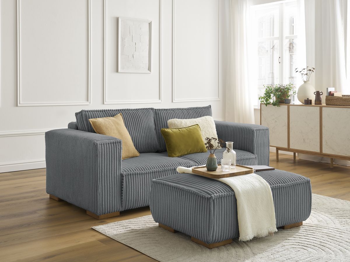 Bobochic Chelsea Sofa 3-Sitzer mit Pouf Breitcord weich Dunkelgrau