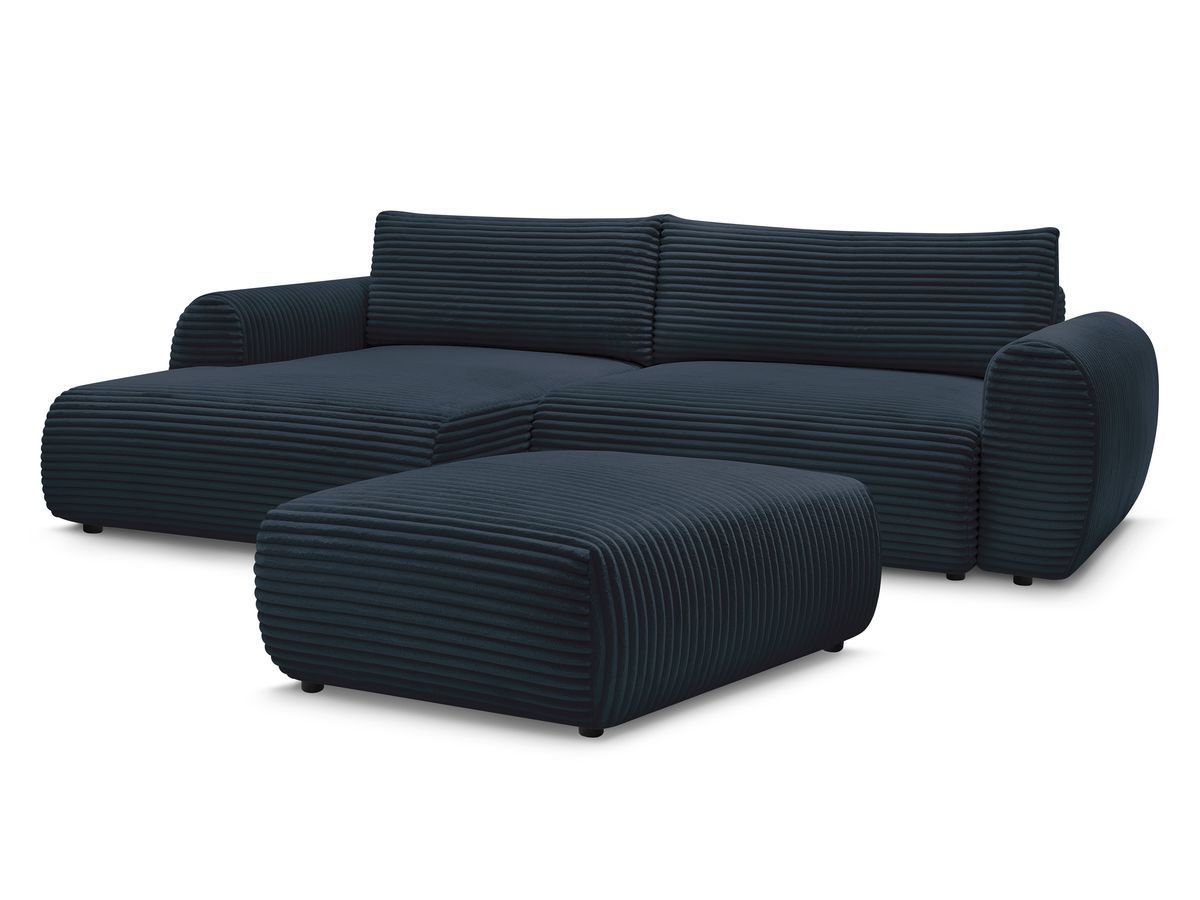 Bobochic Lucien Ecksofa mit Schlaffunktion und Bettkasten und Pouf 314 × 167 cm Breitcord weich Dunkelblau Ecke links