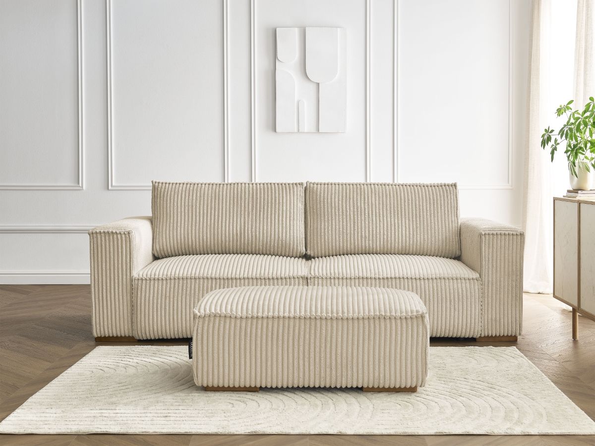 Bobochic Chelsea Schlafsofa 4-Sitzer mit Bettkasten und Pouf Breitcord weich Taupe