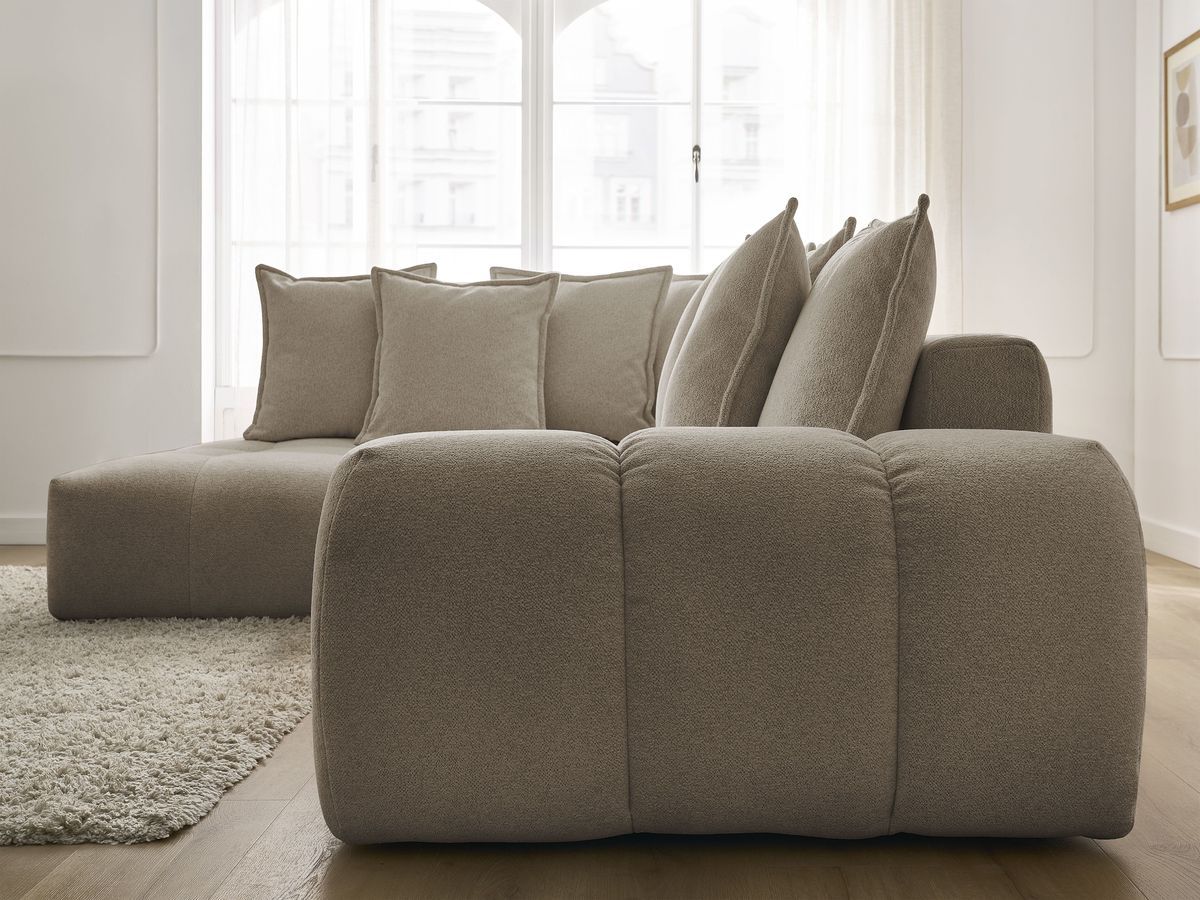 Bobochic Everest Ecksofa mit Schlaffunktion und Bettkasten 320 × 212 cm, 10 Kissen Melange-Stoff Taupe Ecke links