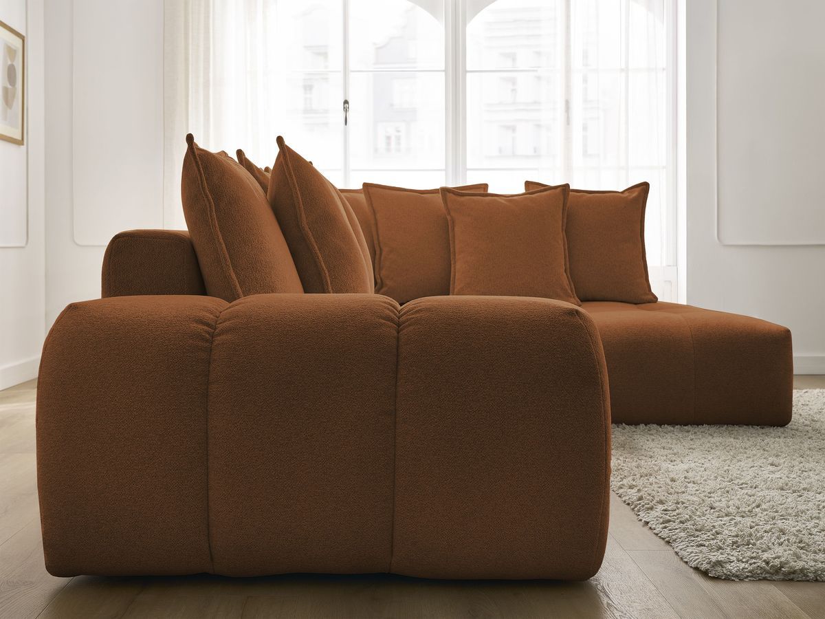Bobochic Everest Ecksofa mit Schlaffunktion und Bettkasten 320 × 212 cm, 10 Kissen Melange-Stoff Orange Ecke rechts