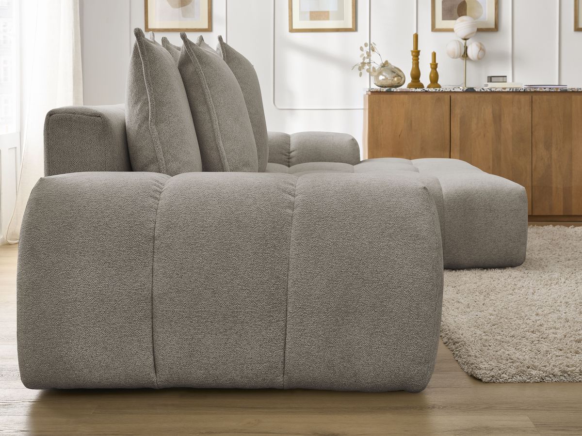 Bobochic Everest Ecksofa mit Schlaffunktion und Bettkasten 318 × 180 cm, 7 Kissen Melange-Stoff Taupe Ecke rechts