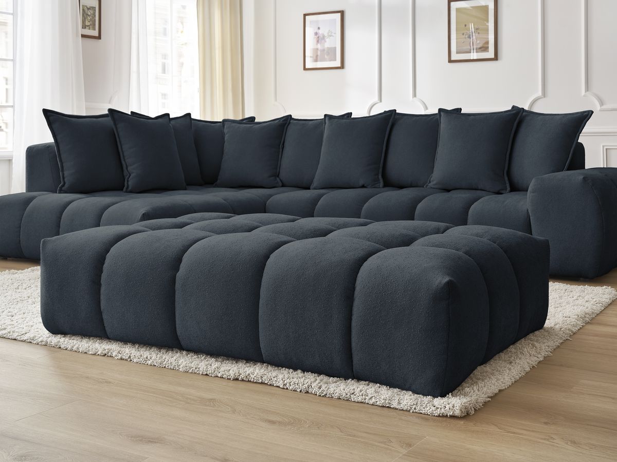 Bobochic Everest Ecksofa mit Schlaffunktion und Pouf, 10 Kissen Strukturstoff Dunkelblau Ecke links