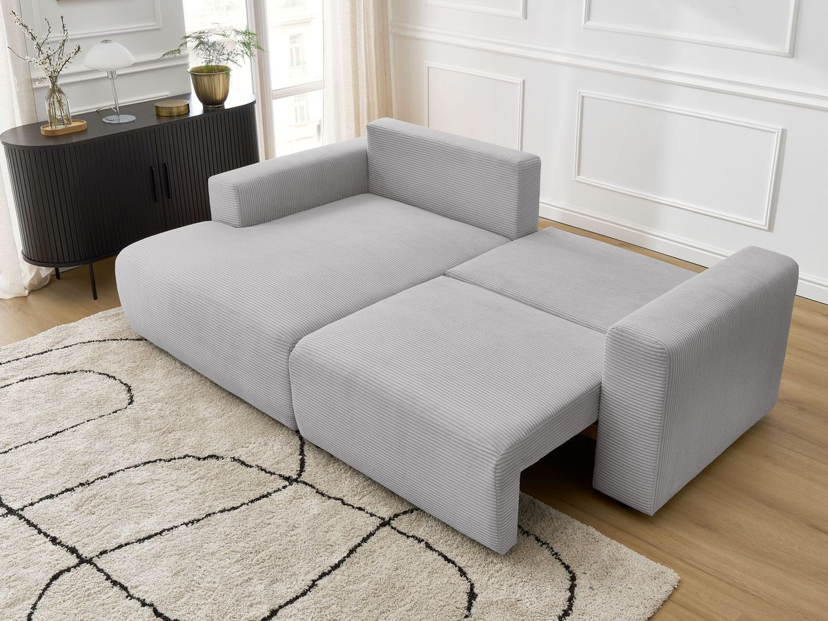 Bobochic Atilla Ecksofa mit Schlaffunktion und Bettkasten Cordsamt Hellgrau Ecke links
