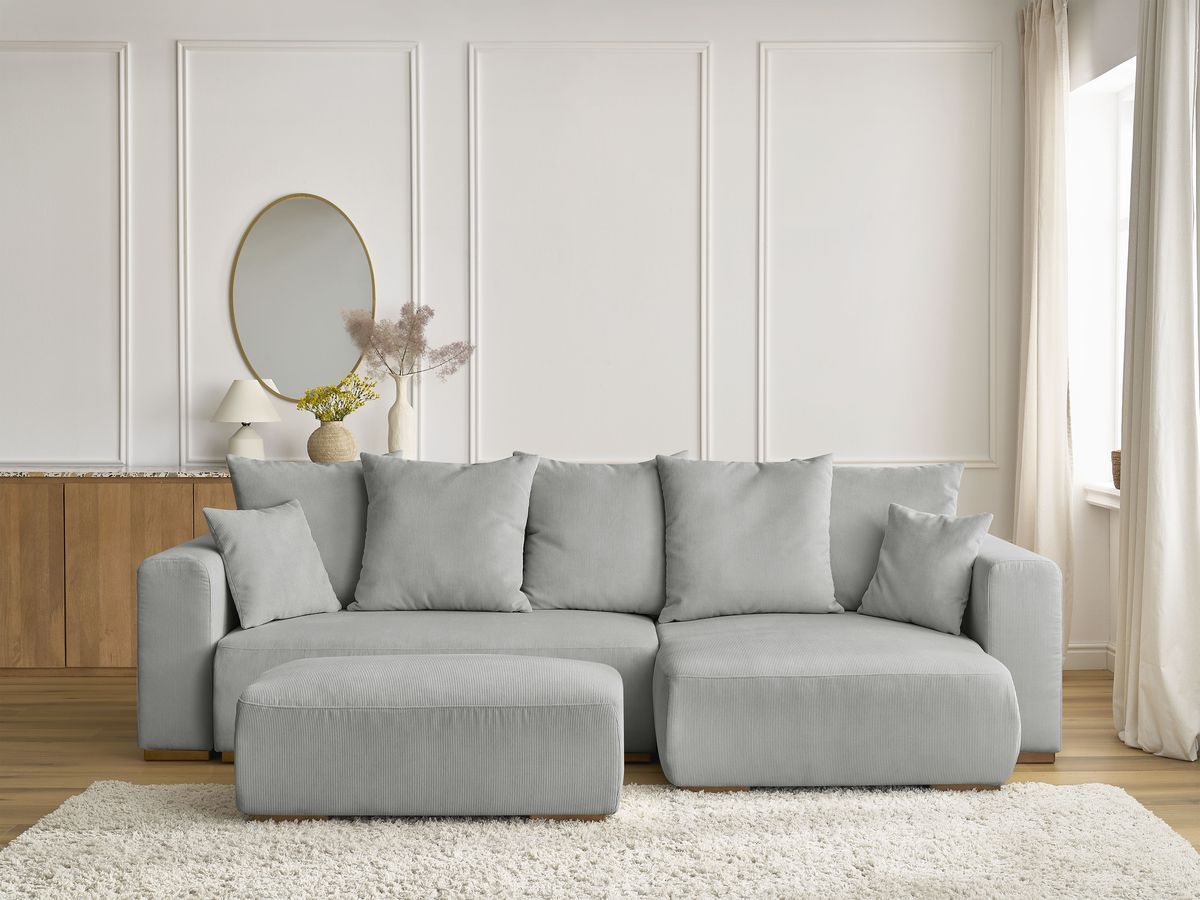 Bobochic Sidonie Ecksofa mit Schlaffunktion und Bettkasten und Pouf Cordsamt Hellgrau