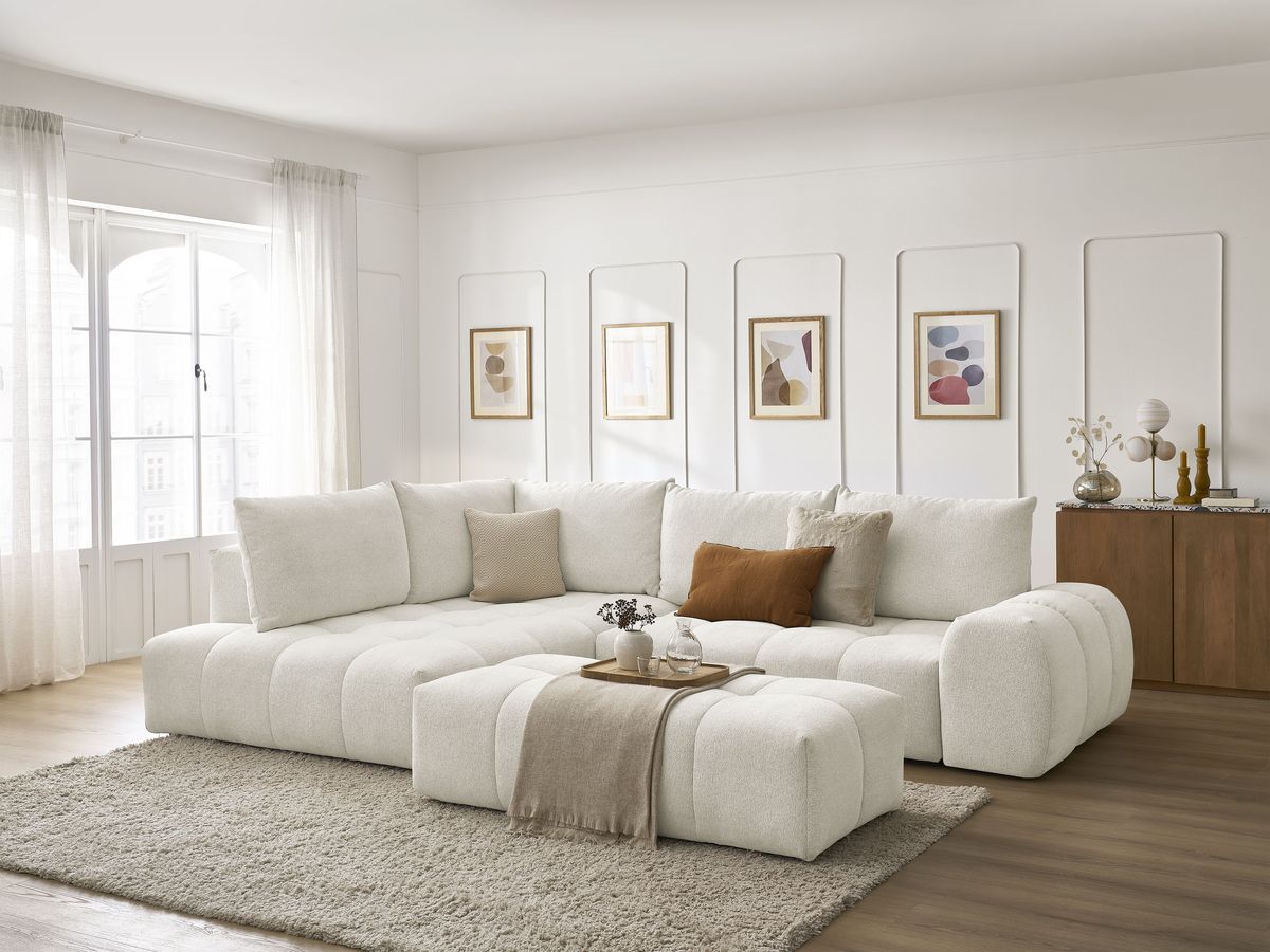 Bobochic Everest Ecksofa mit Schlaffunktion und Bettkasten und Pouf 320 × 212 cm, 5 Kissen Melange-Stoff Weiß Ecke links