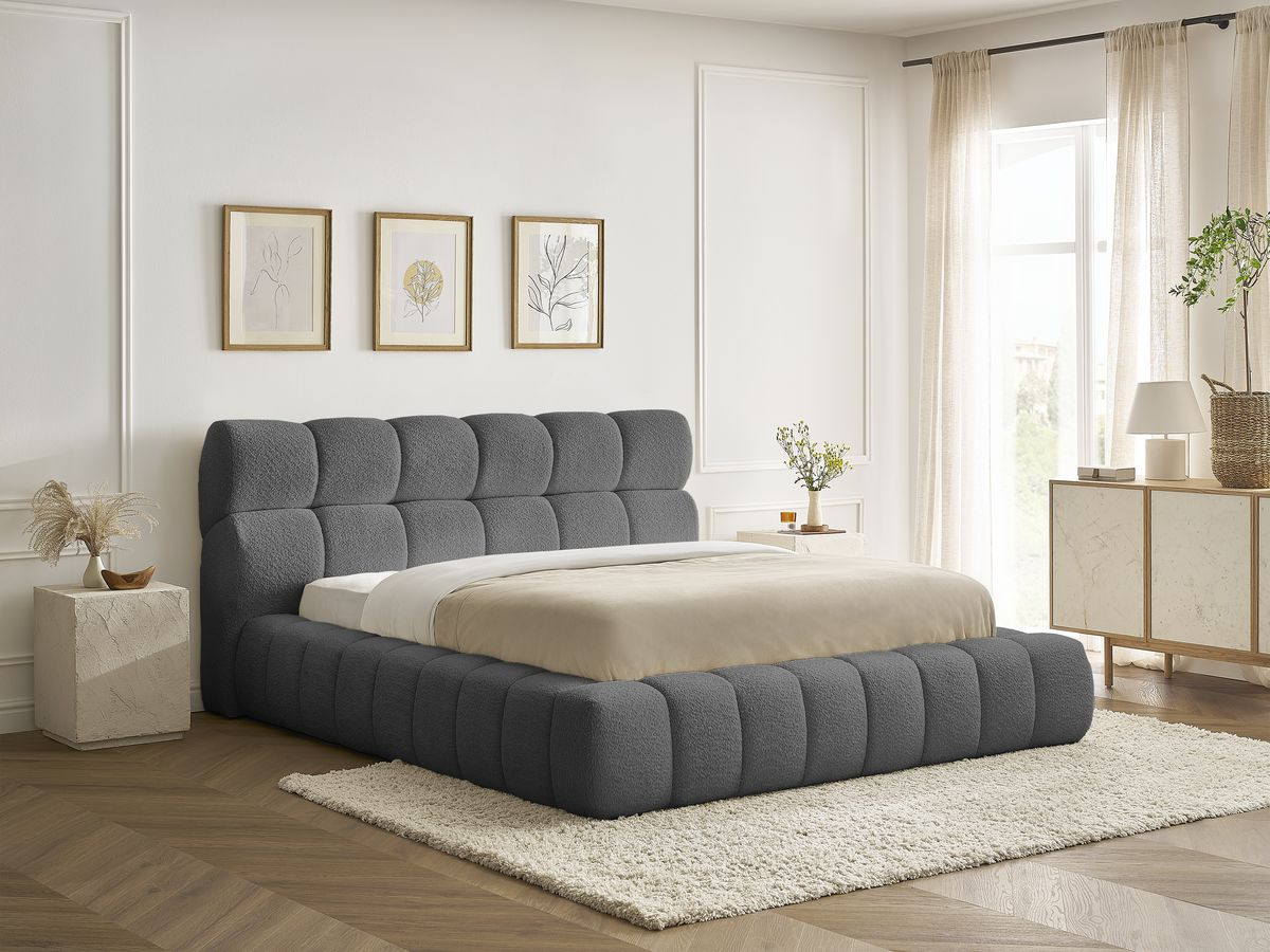Bobochic Mont-blanc Polsterbett mit Bettkasten Bouclé-Stoff Dunkelgrau, Liegefläche 140 × 190 cm
