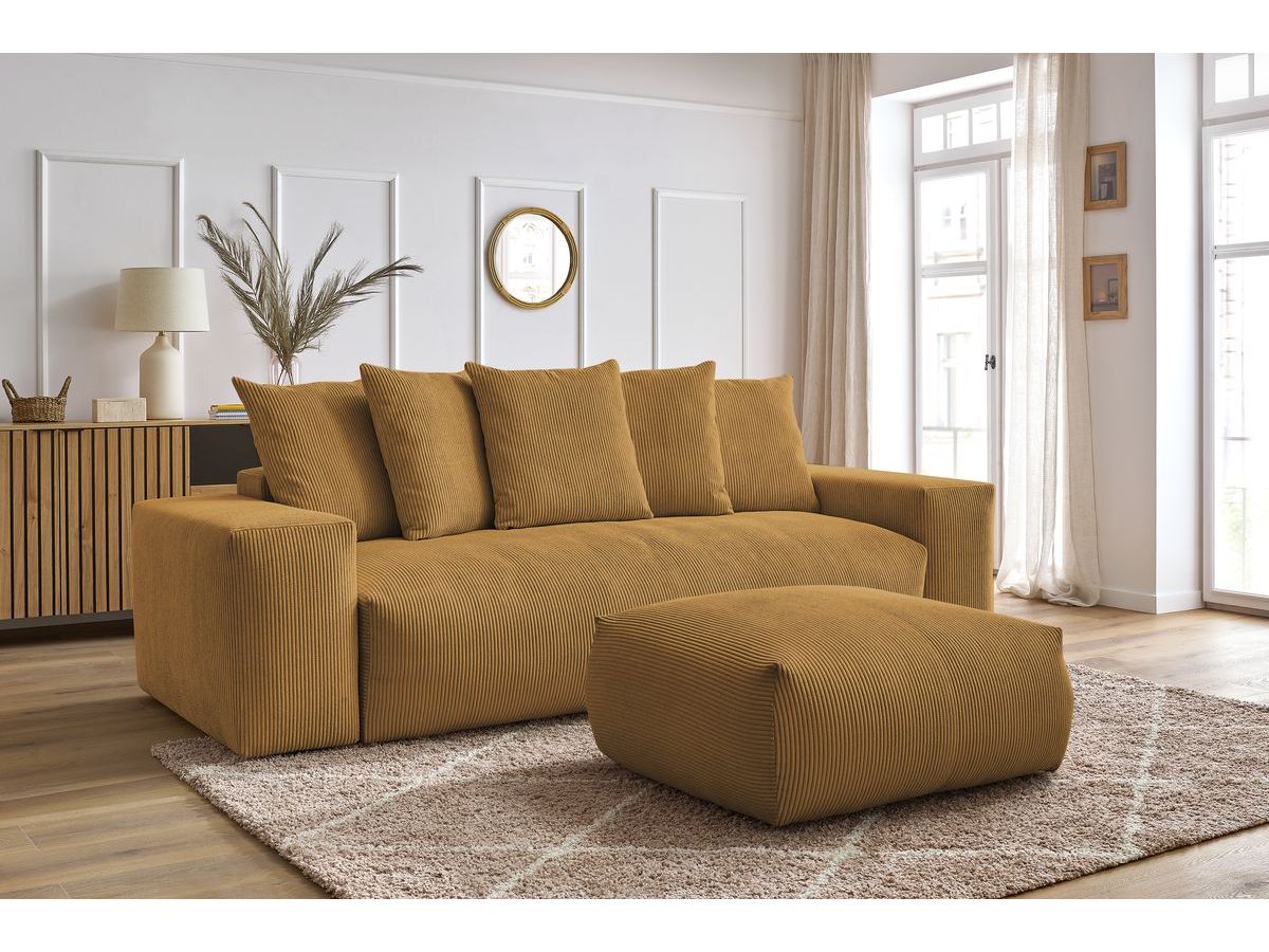 Bobochic Voltaire Schlafsofa 4-Sitzer mit Bettkasten und Pouf Cordsamt Gelb