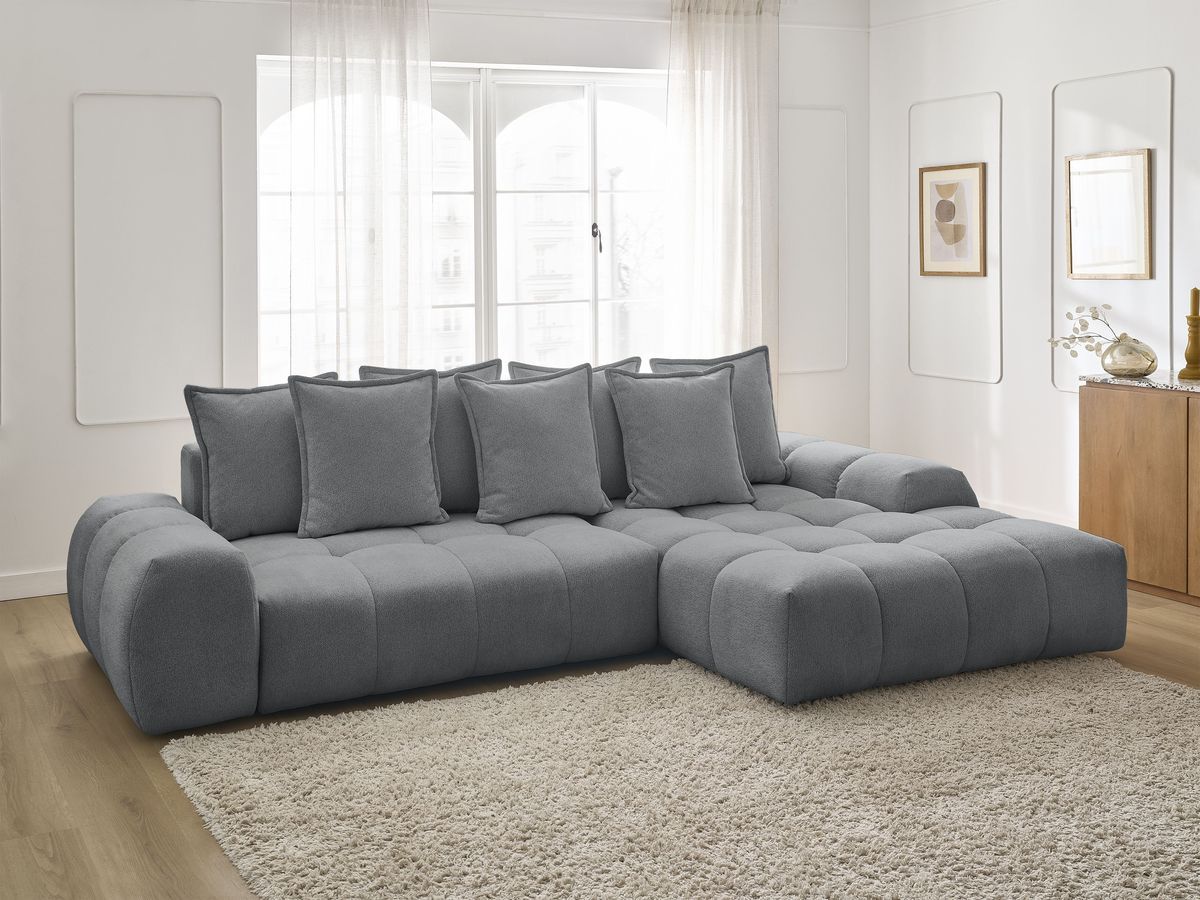 Bobochic Everest Ecksofa mit Schlaffunktion und Bettkasten 318 × 180 cm, 7 Kissen Melange-Stoff Dunkelgrau Ecke rechts