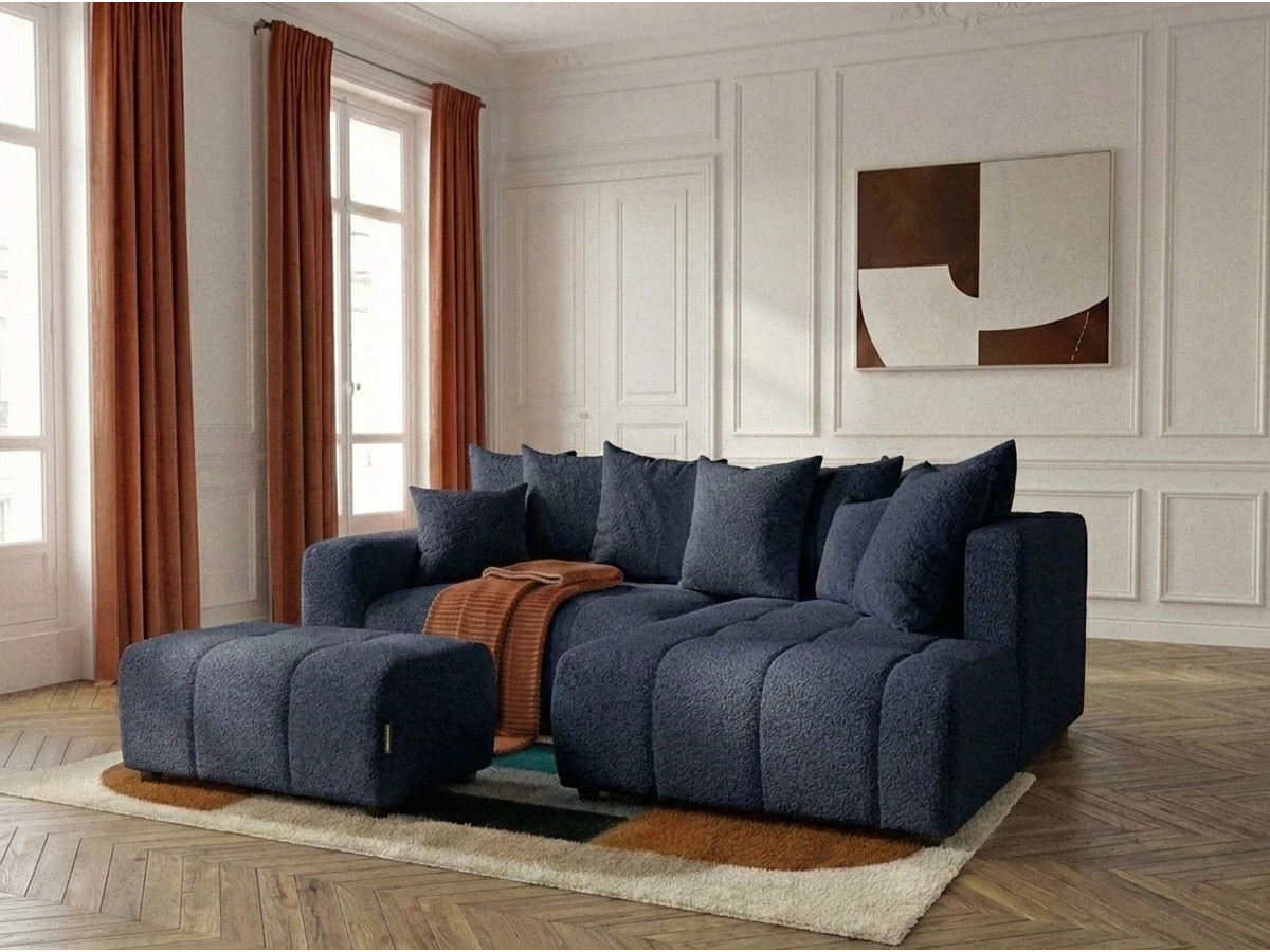 Bobochic Roxelane Ecksofa mit Schlaffunktion und Bettkasten und Pouf Bouclé-Stoff Dunkelblau Ecke rechts