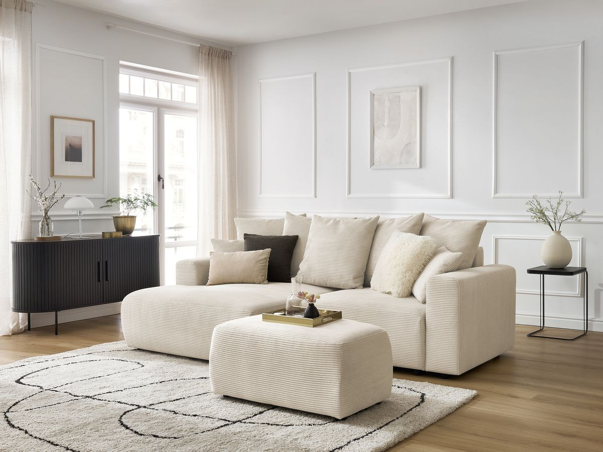 Bobochic Atilla Ecksofa mit Schlaffunktion und Bettkasten und Pouf Cordsamt Beige Ecke links