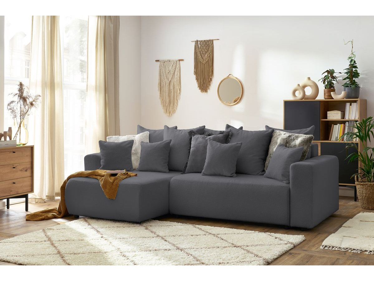 Bobochic Envy Ecksofa mit Schlaffunktion und Bettkasten Bouclé-Stoff Dunkelgrau