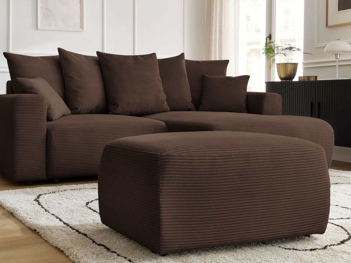 Bobochic Atilla Ecksofa mit Schlaffunktion und Bettkasten und Pouf Cordsamt Braun Ecke rechts