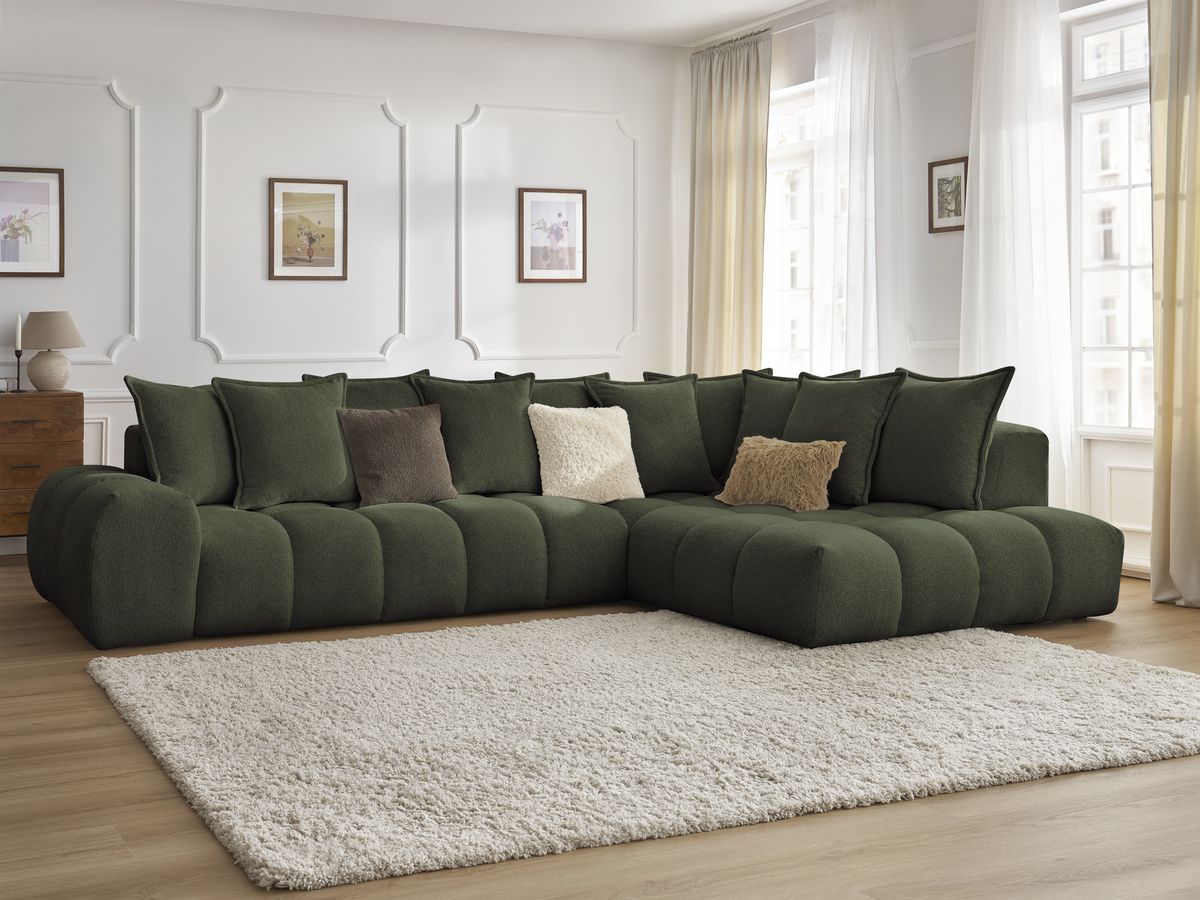 Bobochic Everest Ecksofa, 10 Kissen Melange-Stoff Grün Ecke rechts